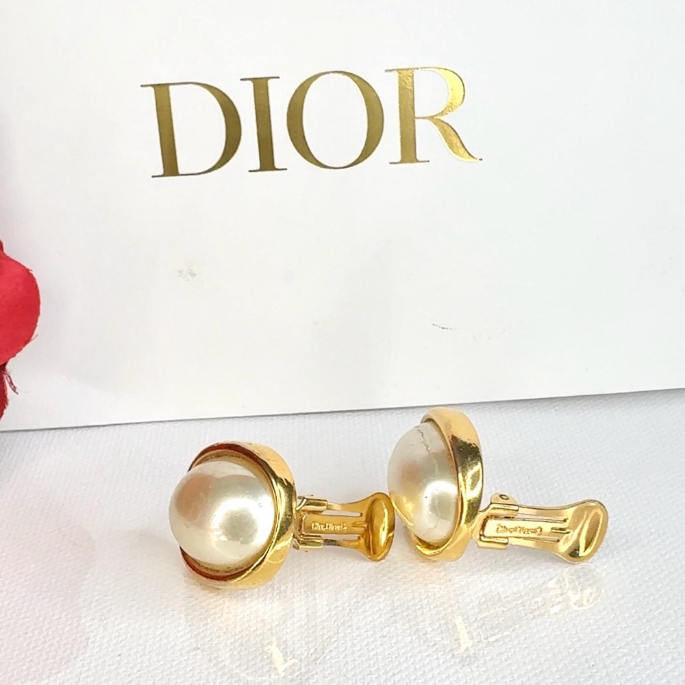 Christian Dior Vintage 1990s Faux Pearl Clip-on Earrings Authentic Signed - Picture 5 of 8